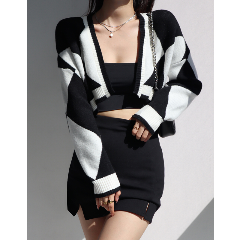 90s American Retro Diamond Knit Cardigan - Loose Slimming V-Neck Long Sleeve Sweater Shawl Coat