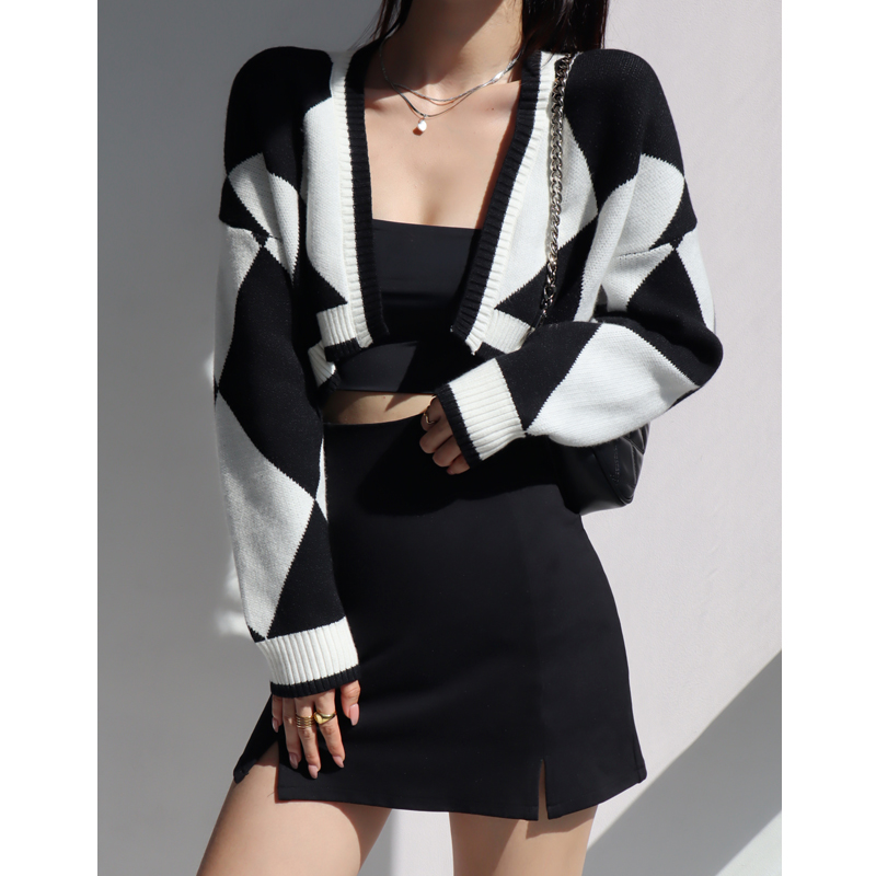 90s American Retro Diamond Knit Cardigan - Loose Slimming V-Neck Long Sleeve Sweater Shawl Coat