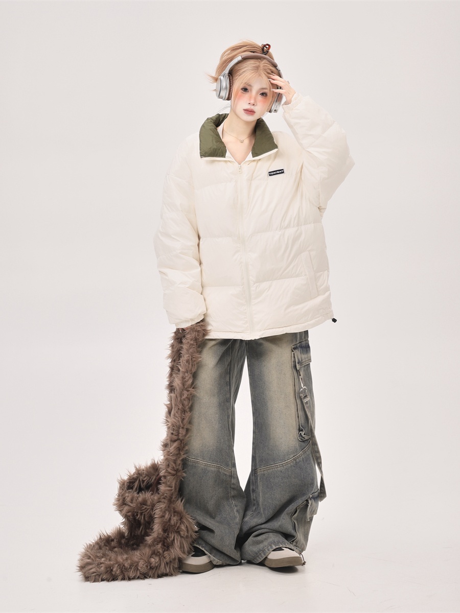 90s Korean Style Lightweight White Duck Down Jacket for Women - Stand Collar Loose Fit Blue Winter Coat 2025