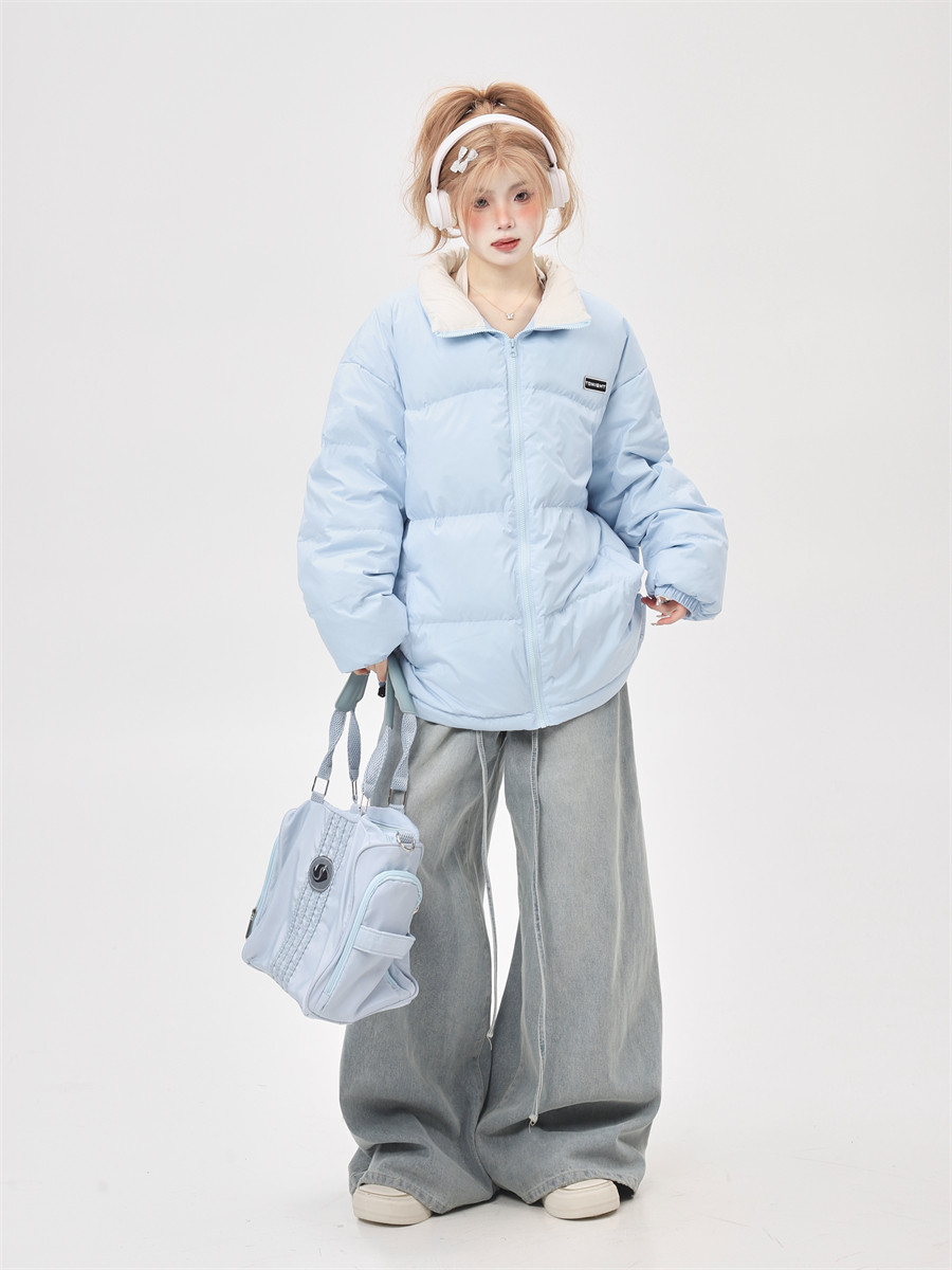 90s Korean Style Lightweight White Duck Down Jacket for Women - Stand Collar Loose Fit Blue Winter Coat 2025