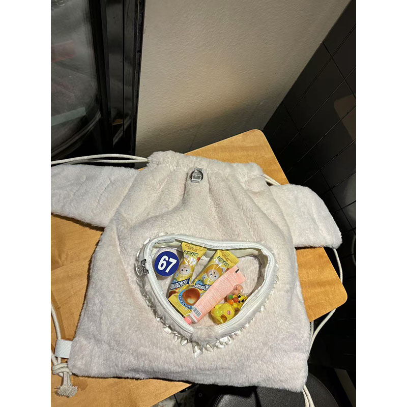 Adorable Two-Dimensional Pain Plush Backpack with Angel Wings - Cute Heart Drawstring Book Bag for Autumn & Winter