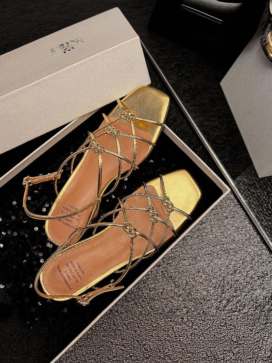 Aegean Sea French Vacation Style Knotted Golden Open-Toe Sandals for Women - Retro Woven Mid-Heel Roman Shoes 3cm Aegean Sea French Vacation Style Knotted Golden Open-Toe Sandals for Women - Retro Woven Mid-Heel Roman Shoes 3cm