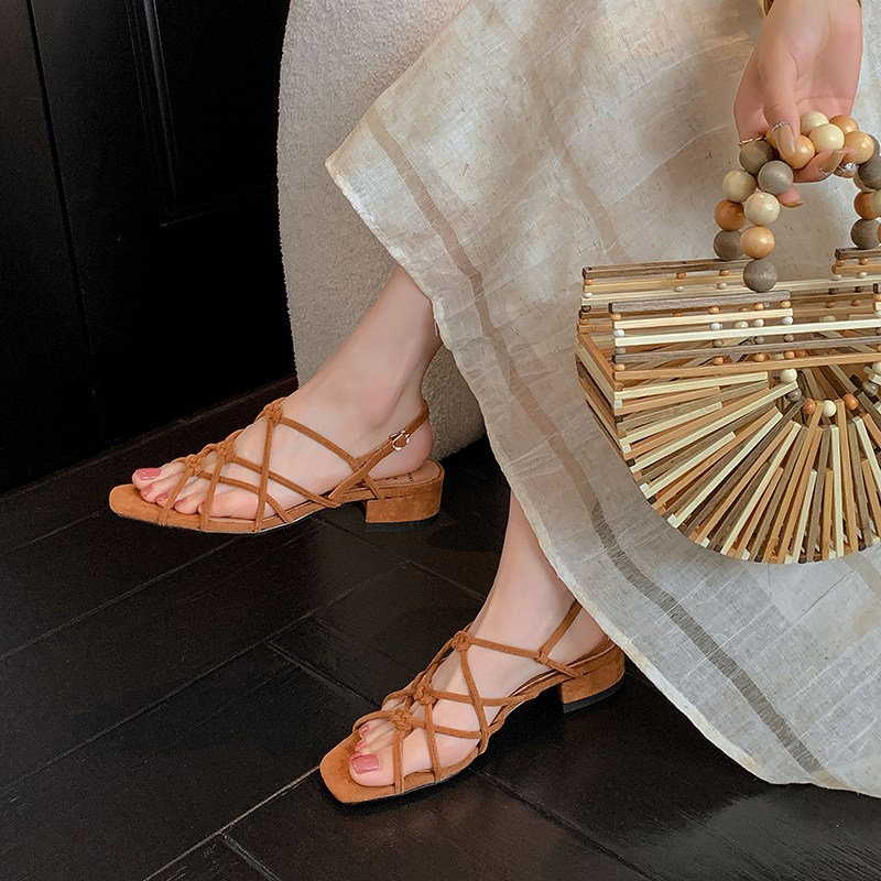 Aegean Sea French Vacation Style Knotted Golden Open-Toe Sandals for Women - Retro Woven Mid-Heel Roman Shoes 3cm Aegean Sea French Vacation Style Knotted Golden Open-Toe Sandals for Women - Retro Woven Mid-Heel Roman Shoes 3cm