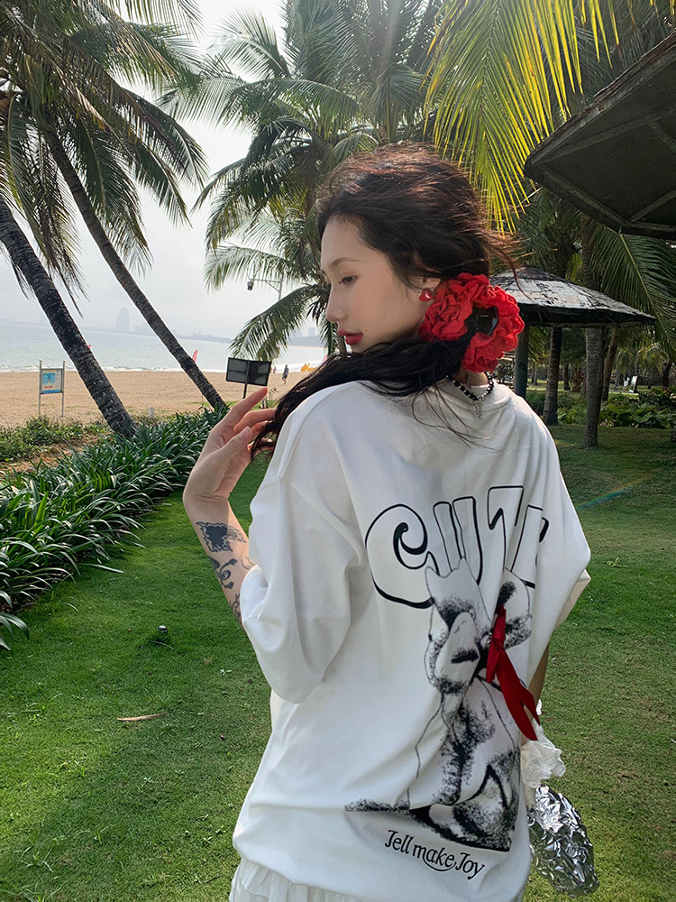 American Cartoon Letter Print Bow Short Sleeve T-Shirt for Couples - Casual Loose Fit Top, Y2K Style, Matching Outfits American Cartoon Letter Print Bow Short Sleeve T-Shirt for Couples - Casual Loose Fit Top, Y2K Style, Matching Outfits