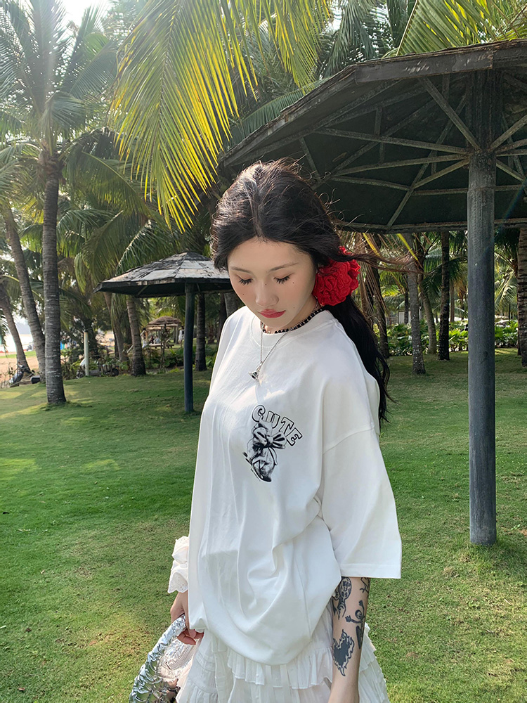 American Cartoon Letter Print Bow Short Sleeve T-Shirt for Couples - Casual Loose Fit Top, Y2K Style, Matching Outfits American Cartoon Letter Print Bow Short Sleeve T-Shirt for Couples - Casual Loose Fit Top, Y2K Style, Matching Outfits