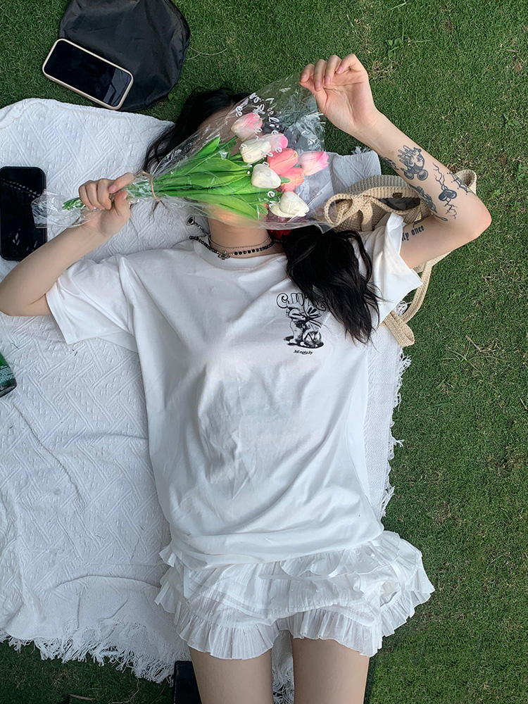 American Cartoon Letter Print Bow Short Sleeve T-Shirt for Couples - Casual Loose Fit Top, Y2K Style, Matching Outfits