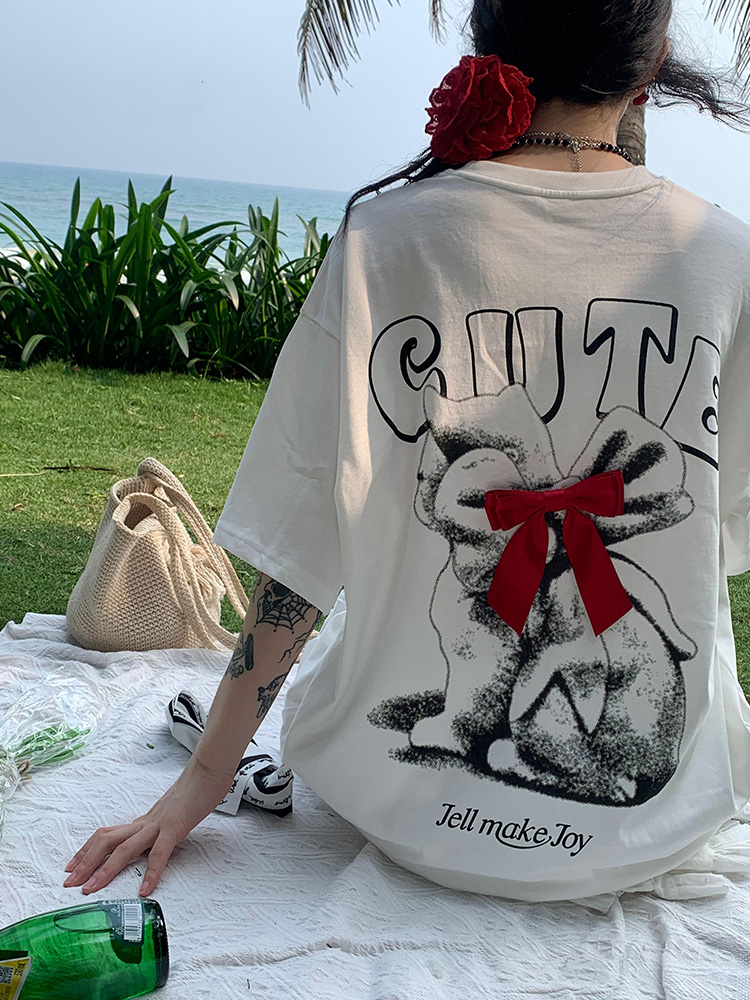 American Cartoon Letter Print Bow Short Sleeve T-Shirt for Couples - Casual Loose Fit Top, Y2K Style, Matching Outfits