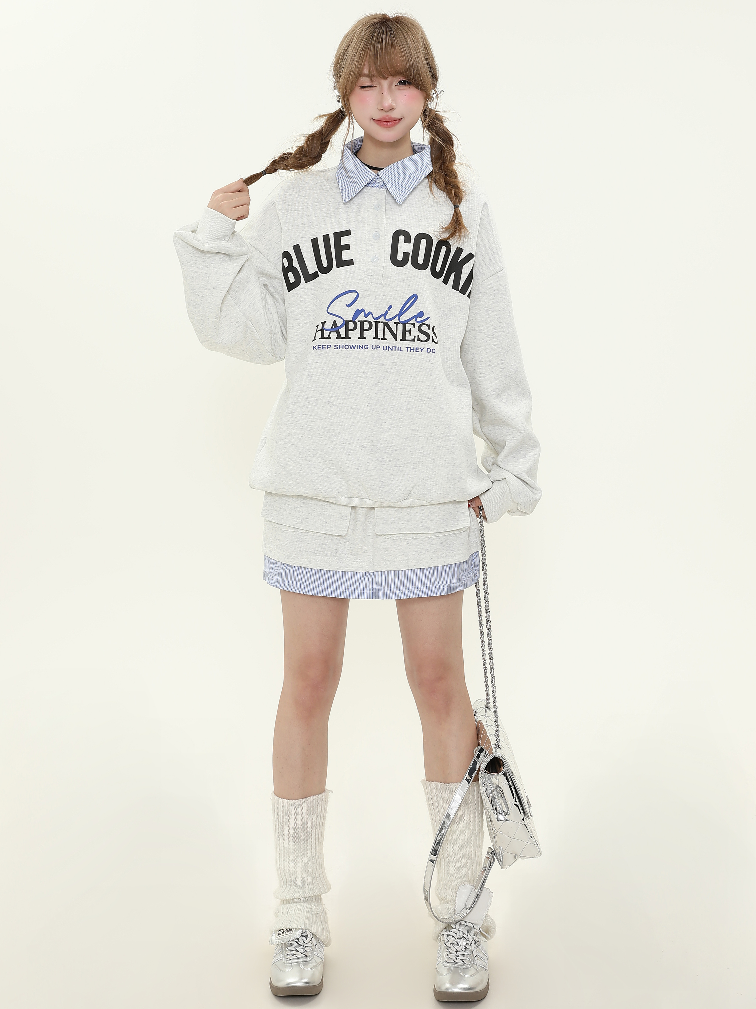 American College Style Letter Print Polo Collar Sweatshirt and Short Skirt Two-Piece Set for Women, Spring Autumn Fashion Outfit American College Style Letter Print Polo Collar Sweatshirt and Short Skirt Two-Piece Set for Women, Spring Autumn Fashion Outfit