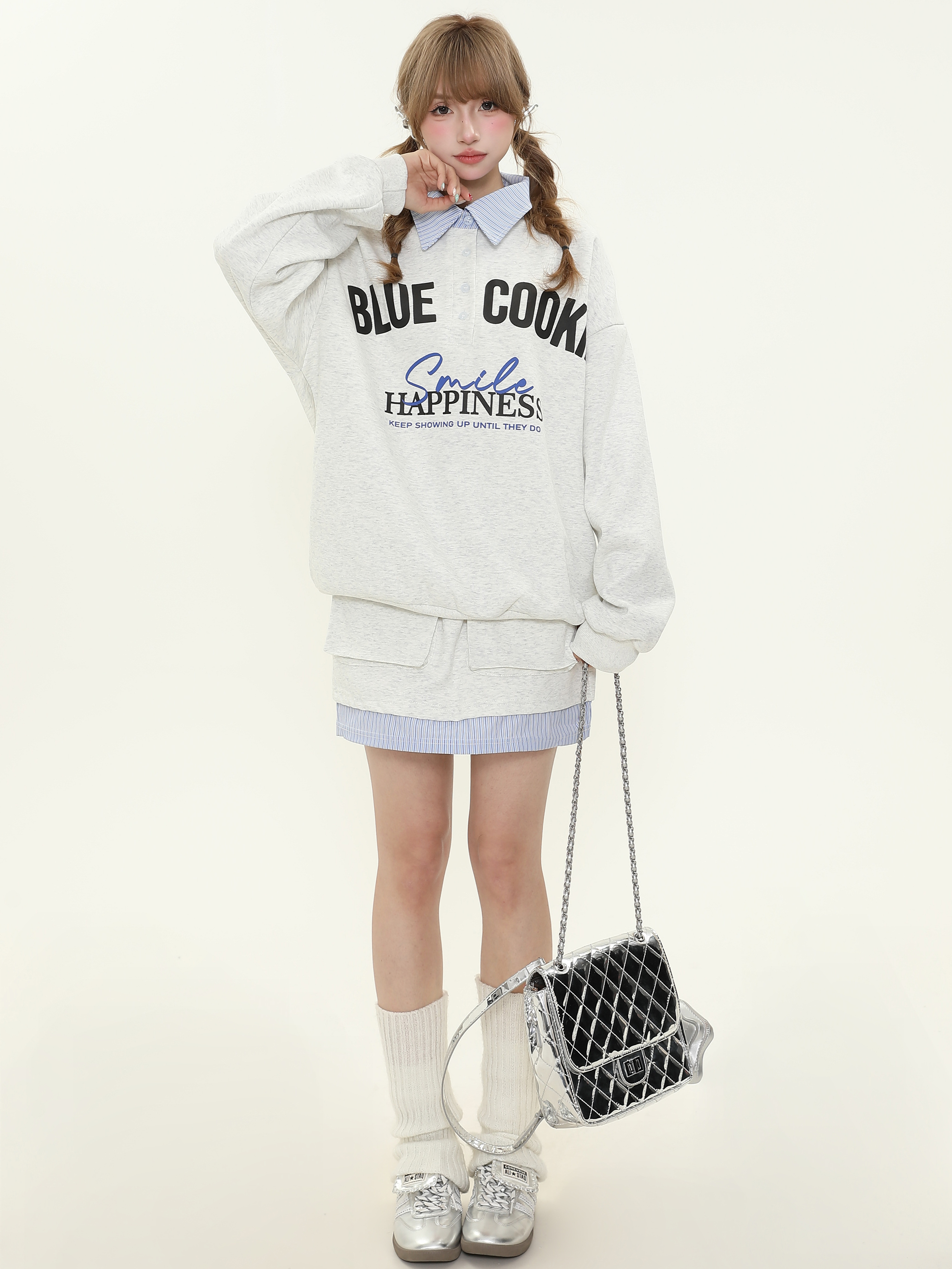 American College Style Letter Print Polo Collar Sweatshirt and Short Skirt Two-Piece Set for Women, Spring Autumn Fashion Outfit American College Style Letter Print Polo Collar Sweatshirt and Short Skirt Two-Piece Set for Women, Spring Autumn Fashion Outfit