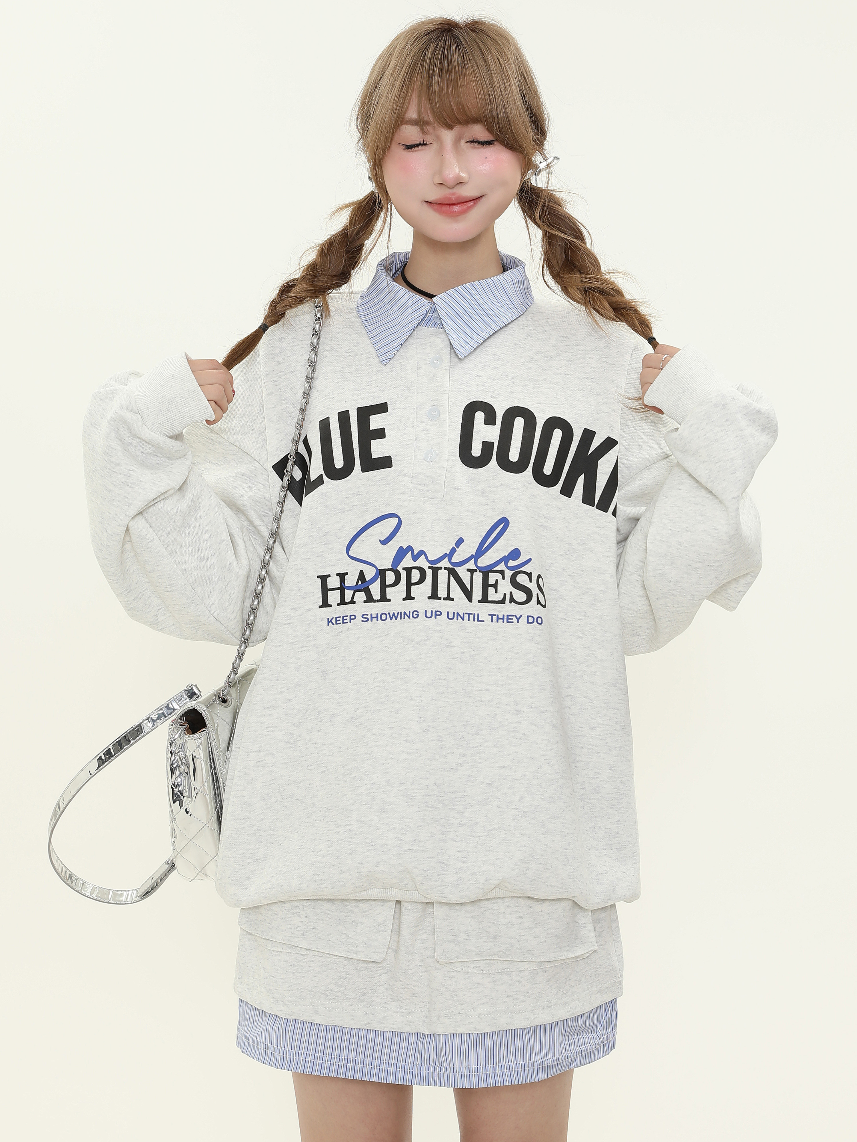 American College Style Letter Print Polo Collar Sweatshirt and Short Skirt Two-Piece Set for Women, Spring Autumn Fashion Outfit