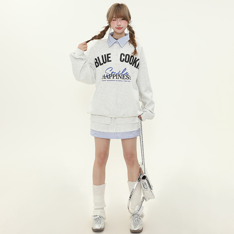 American College Style Letter Print Polo Collar Sweatshirt and Short Skirt Two-Piece Set for Women, Spring Autumn Fashion Outfit