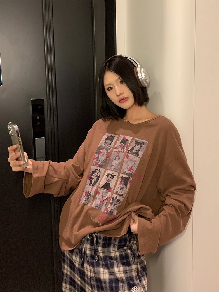 American Creative Portrait Printed Long Sleeve T-Shirt for Couples - Casual Loose Fit Top for Spring/Summer 2025