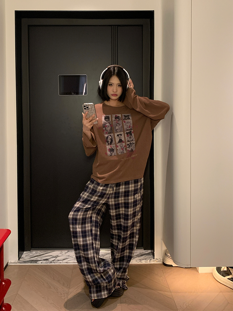 American Creative Portrait Printed Long Sleeve T-Shirt for Couples - Casual Loose Fit Top for Spring/Summer 2025