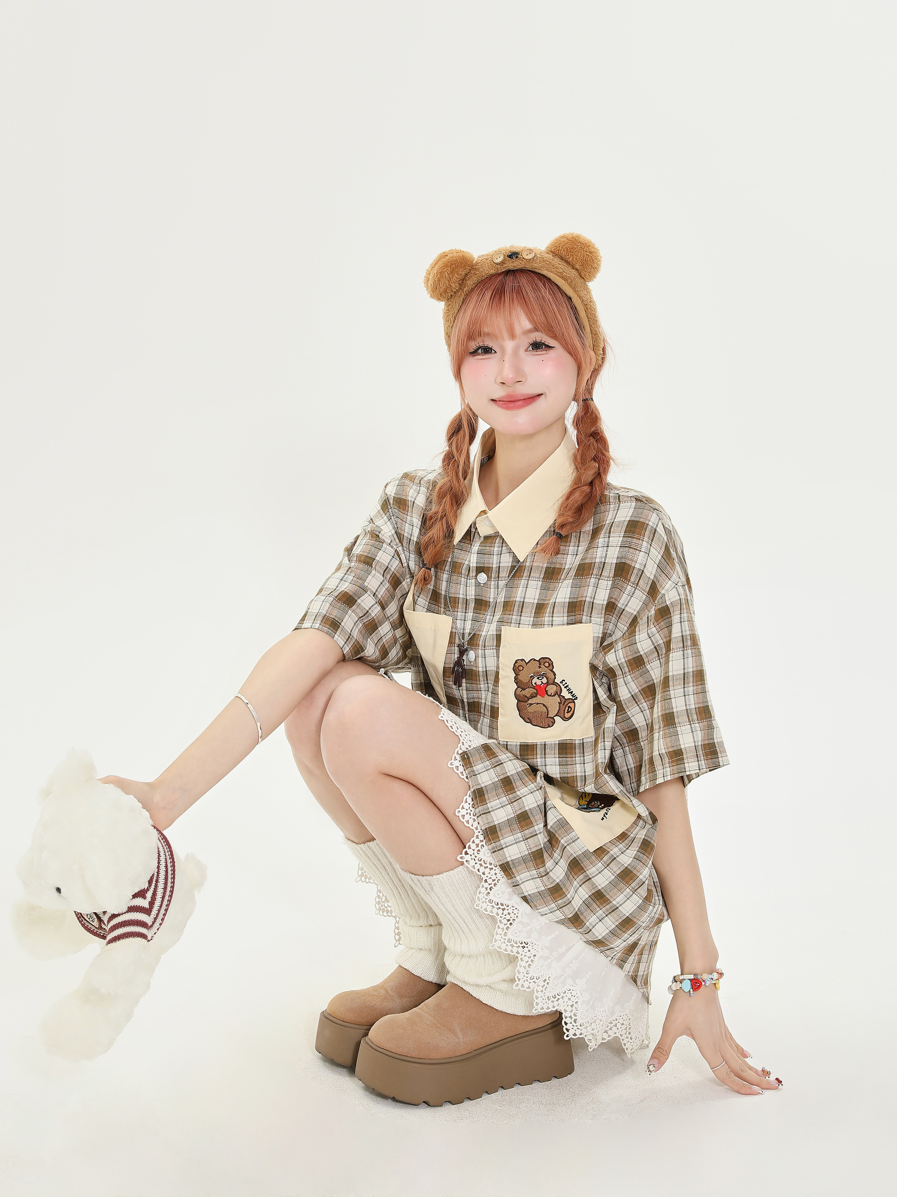 American Retro Bear Embroidery Multi-Pocket Short Sleeve Shirt for Women, Plaid College Style, Versatile Y2K Half-Sleeve Top