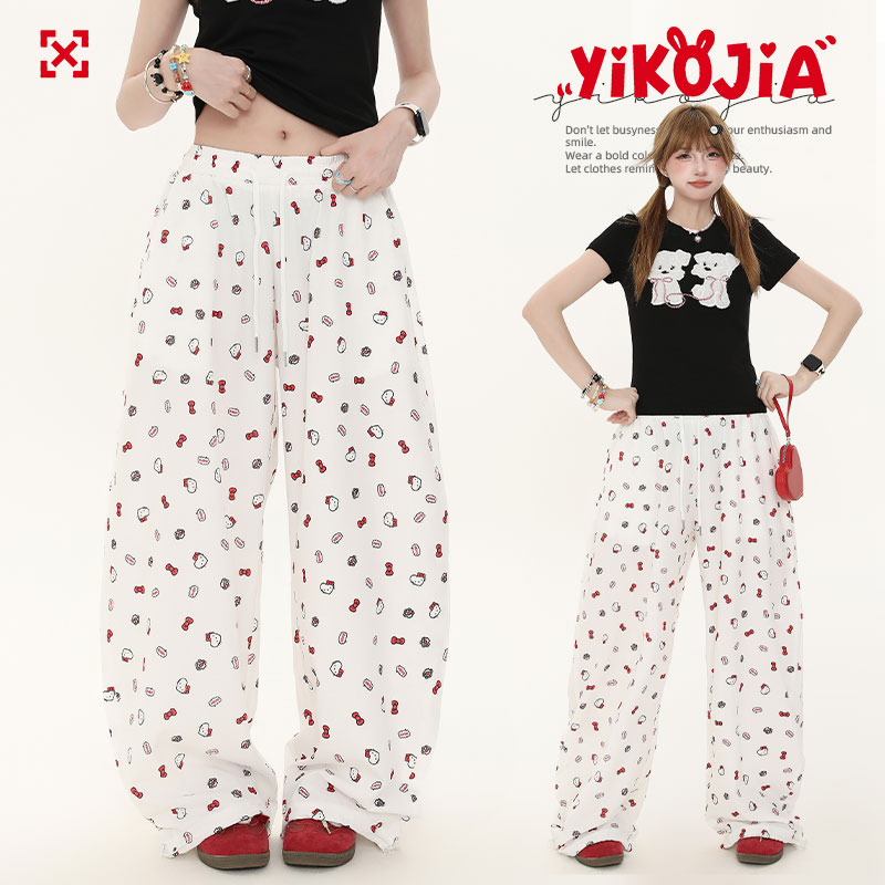 American Retro Bow Tie Cat Print Casual Wide-Leg Pants for Women - Summer Lazy Style Straight Fit