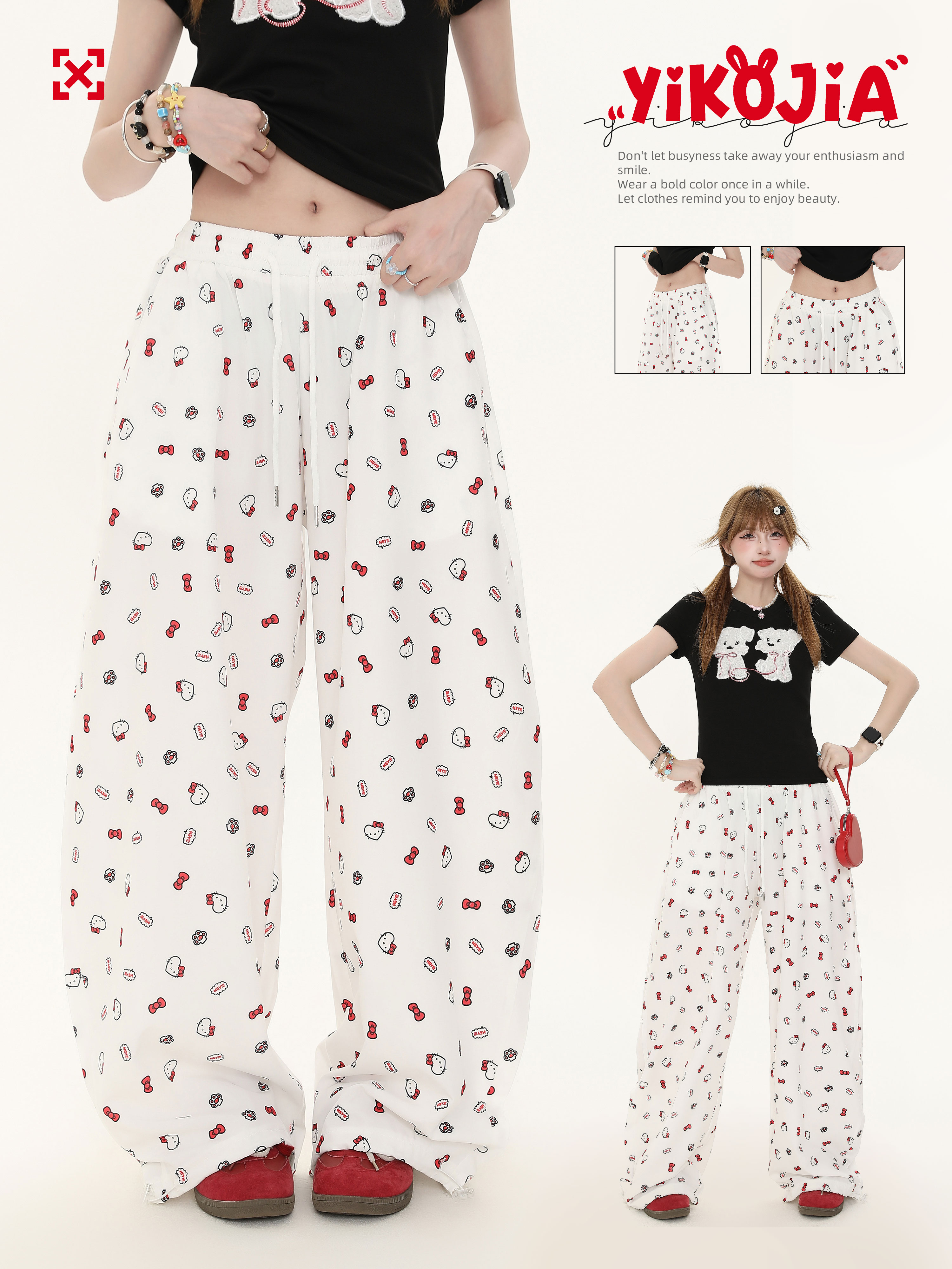 American Retro Bow Tie Cat Print Casual Wide-Leg Pants for Women - Summer Lazy Style Straight Fit