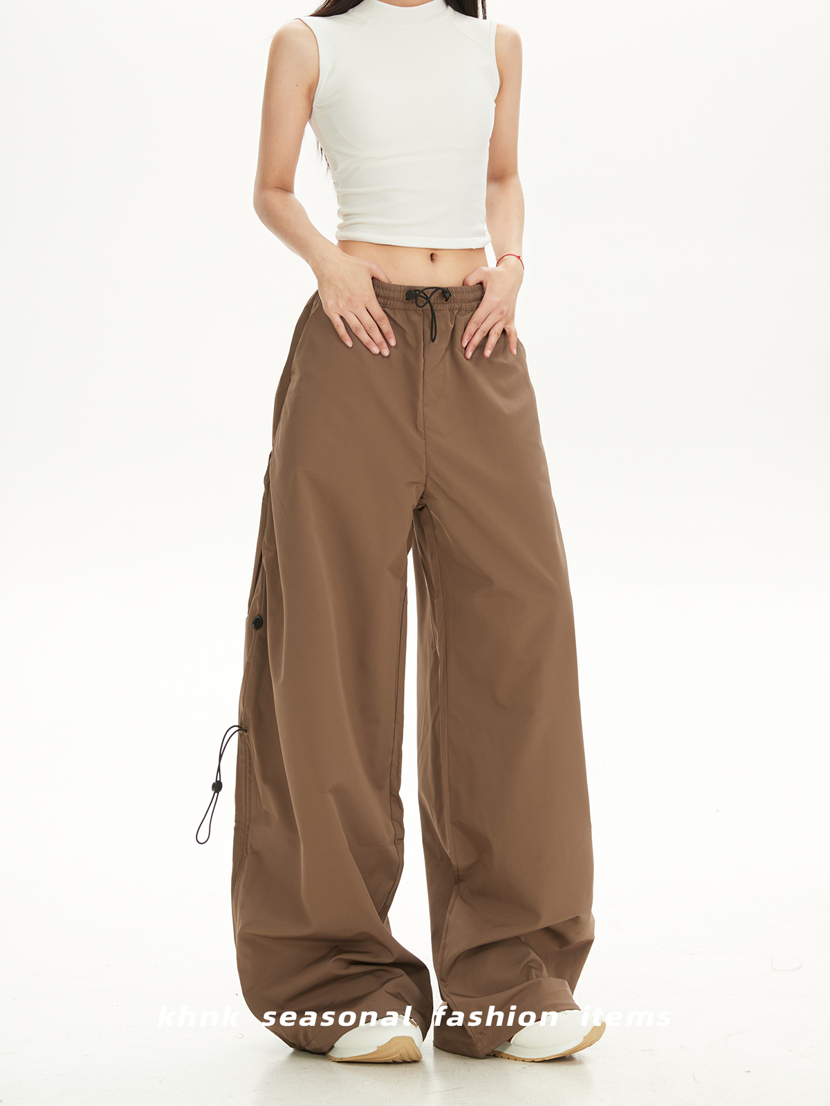 American Retro Brown High-Waisted Slim-Fit Cargo Pants for Women - Loose Casual Wide-Leg Trousers, 2025 Y2K Style