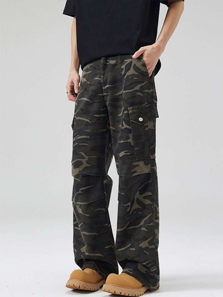 American Retro Camouflage Cargo Pants for Men - Loose Fit, Slightly Flared Straight-Leg, Multi-Pocket Casual Style
