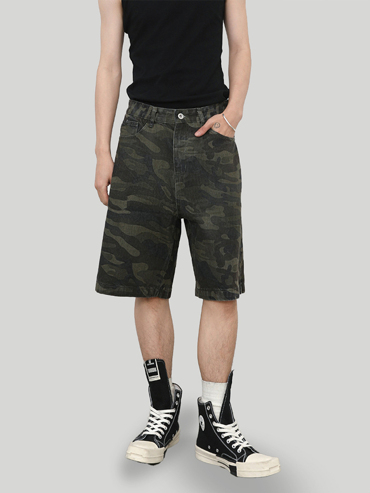 American Retro Camouflage Multi-Pocket Work Shorts for Summer - Heavy-Duty Loose Casual Denim Mid-Length Five-Point Design