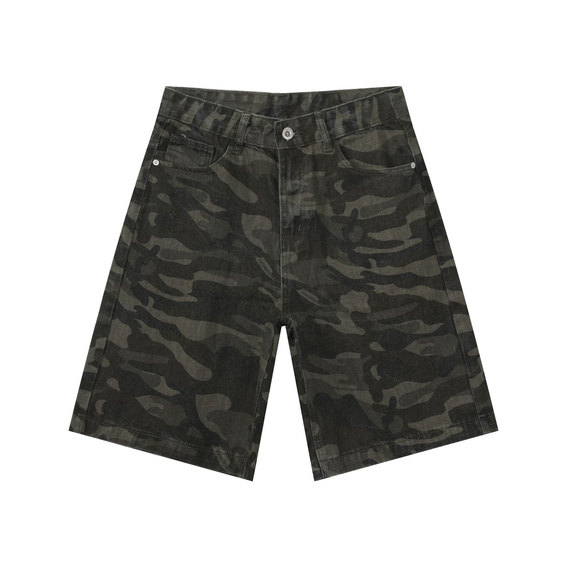American Retro Camouflage Multi-Pocket Work Shorts for Summer - Heavy-Duty Loose Casual Denim Mid-Length Five-Point Design
