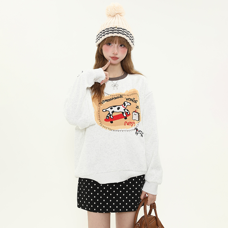 American Retro Cartoon Spotted Dog Embroidered Color-Block Round Neck Sweatshirt for Women - Fleece Pullover Top for Autumn/Winter American Retro Cartoon Spotted Dog Embroidered Color-Block Round Neck Sweatshirt for Women - Fleece Pullover Top for Autumn/Winter