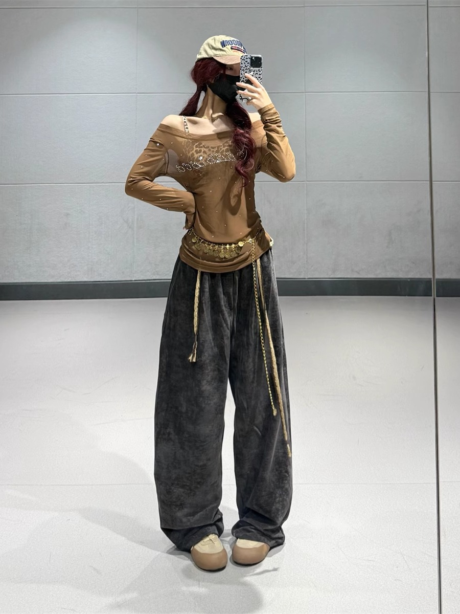 American Retro Coffee Color Drawstring Casual Pants for Women - Elastic Waist Long Sporty Trousers for Autumn Winter Dance American Retro Coffee Color Drawstring Casual Pants for Women - Elastic Waist Long Sporty Trousers for Autumn Winter Dance