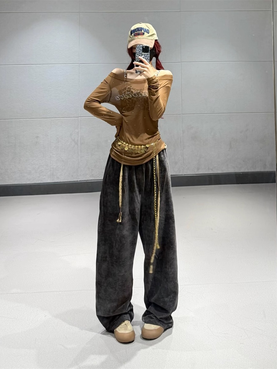 American Retro Coffee Color Drawstring Casual Pants for Women - Elastic Waist Long Sporty Trousers for Autumn Winter Dance