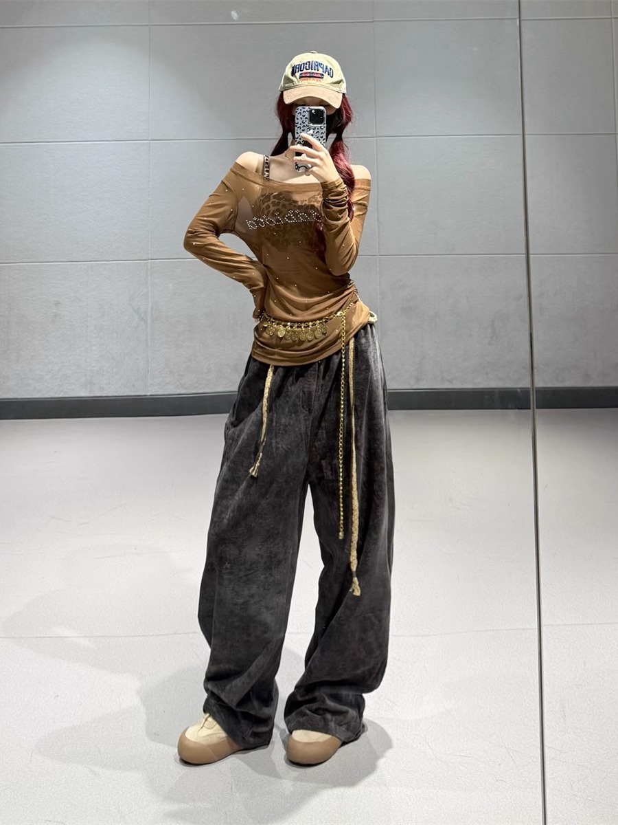 American Retro Coffee Color Drawstring Casual Pants for Women - Elastic Waist Long Sporty Trousers for Autumn Winter Dance American Retro Coffee Color Drawstring Casual Pants for Women - Elastic Waist Long Sporty Trousers for Autumn Winter Dance