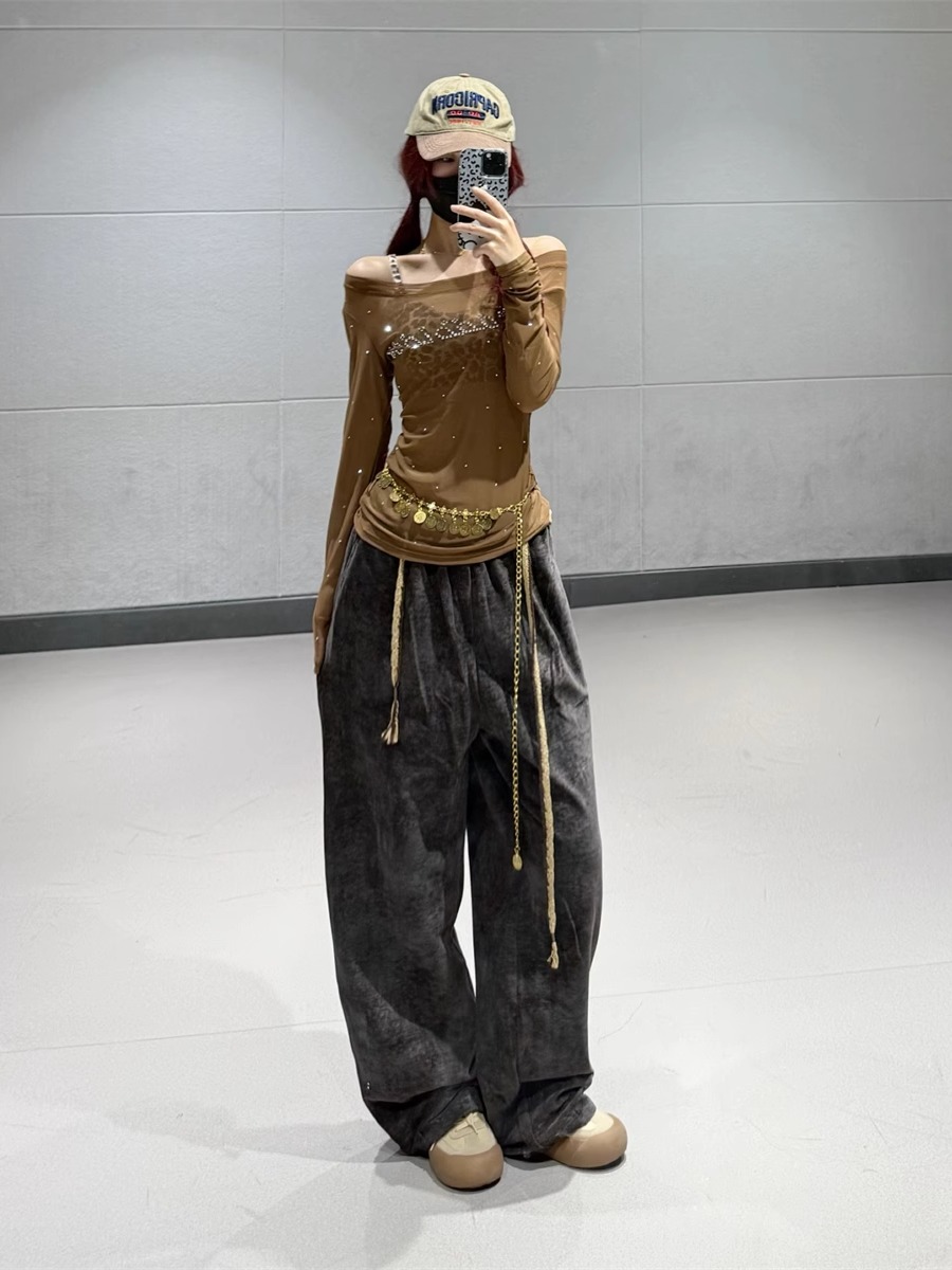 American Retro Coffee Color Drawstring Casual Pants for Women - Elastic Waist Long Sporty Trousers for Autumn Winter Dance American Retro Coffee Color Drawstring Casual Pants for Women - Elastic Waist Long Sporty Trousers for Autumn Winter Dance