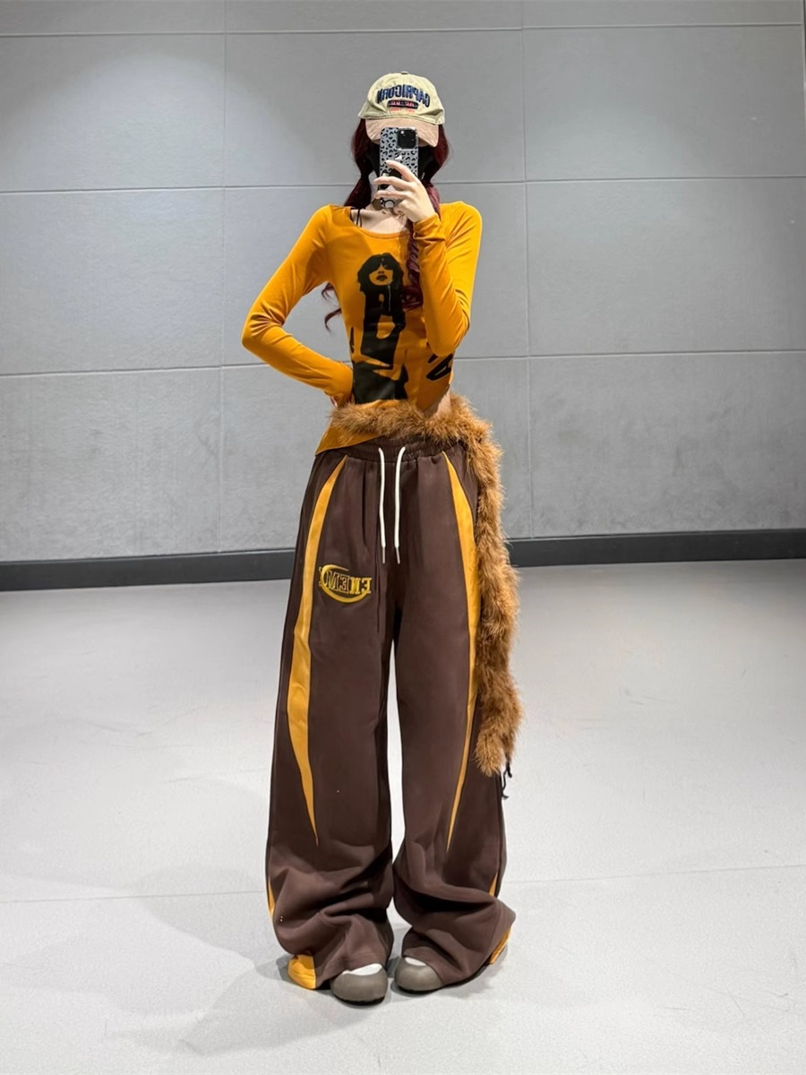 American Retro Coffee Color Spliced Sports Pants for Women - Casual Long Dance Performance Straight Leg Trousers