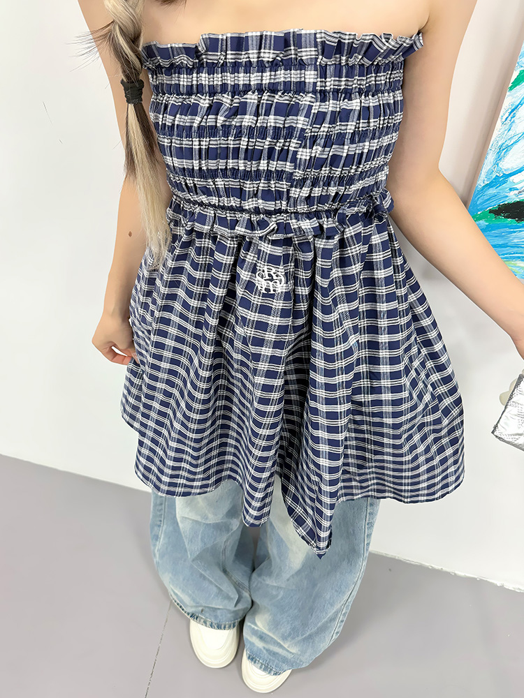 American Retro Color-Blocked Plaid Strapless Half Skirt Dress - Two-Way Wear, Waist-Cinching, Summer Women's Slim A-Line Style