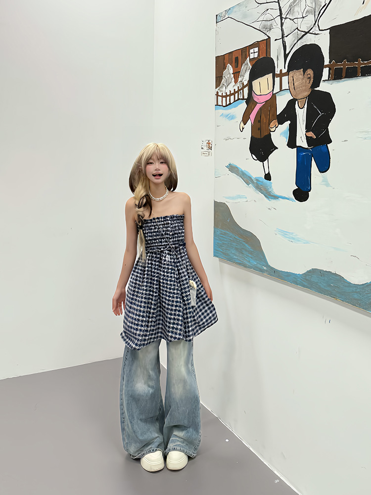 American Retro Color-Blocked Plaid Strapless Half Skirt Dress - Two-Way Wear, Waist-Cinching, Summer Women's Slim A-Line Style American Retro Color-Blocked Plaid Strapless Half Skirt Dress - Two-Way Wear, Waist-Cinching, Summer Women's Slim A-Line Style