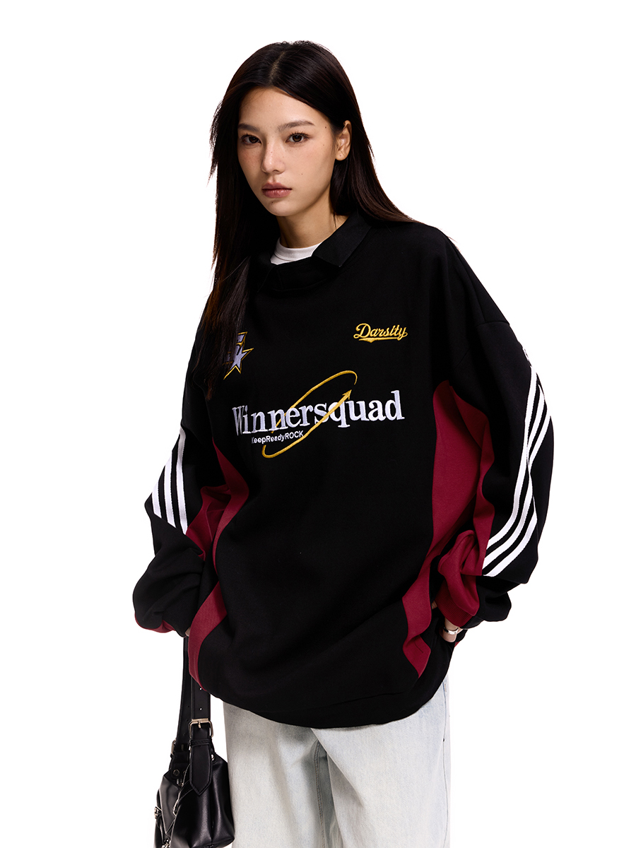 American Retro Color-Blocked Polo Collar Sweatshirt - Unisex Embroidered Sports Jersey Loose Fit Top American Retro Color-Blocked Polo Collar Sweatshirt - Unisex Embroidered Sports Jersey Loose Fit Top