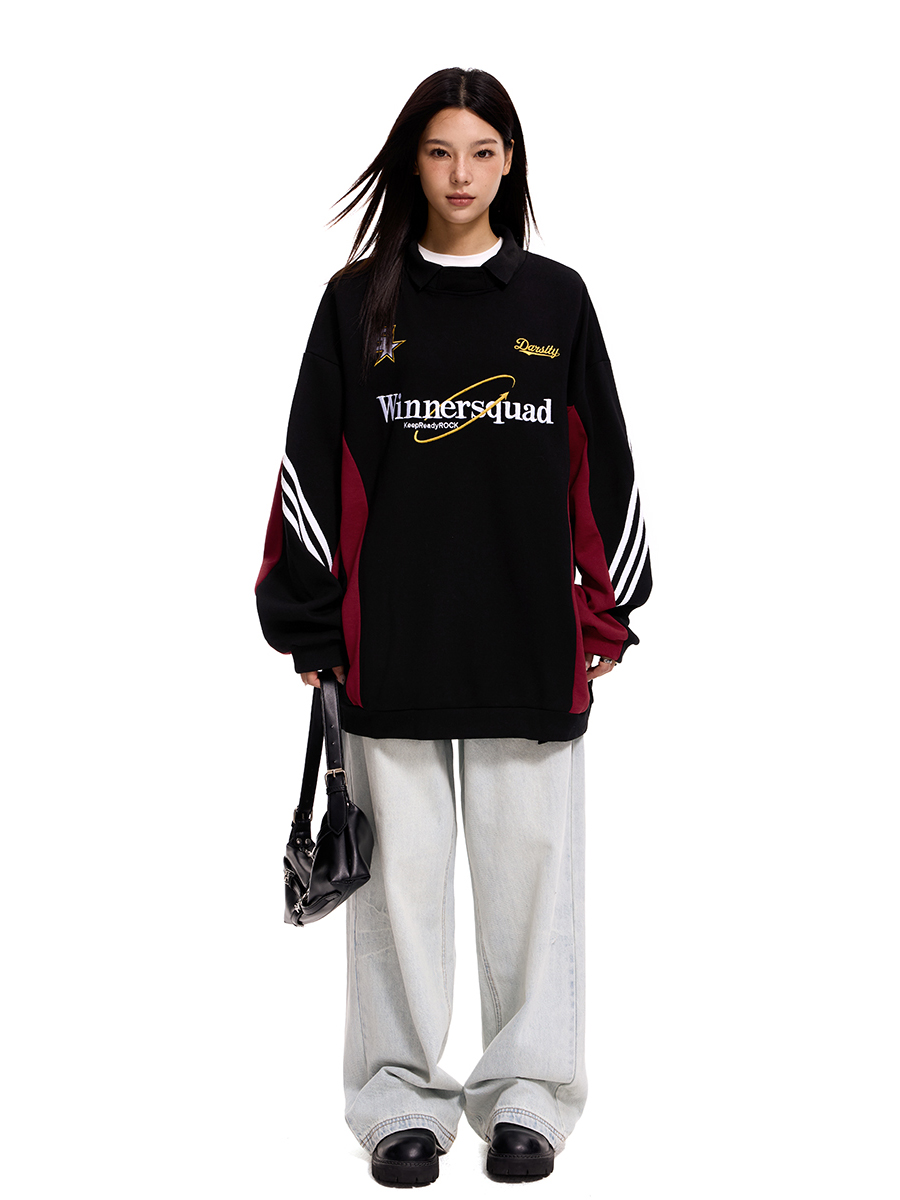 American Retro Color-Blocked Polo Collar Sweatshirt - Unisex Embroidered Sports Jersey Loose Fit Top American Retro Color-Blocked Polo Collar Sweatshirt - Unisex Embroidered Sports Jersey Loose Fit Top