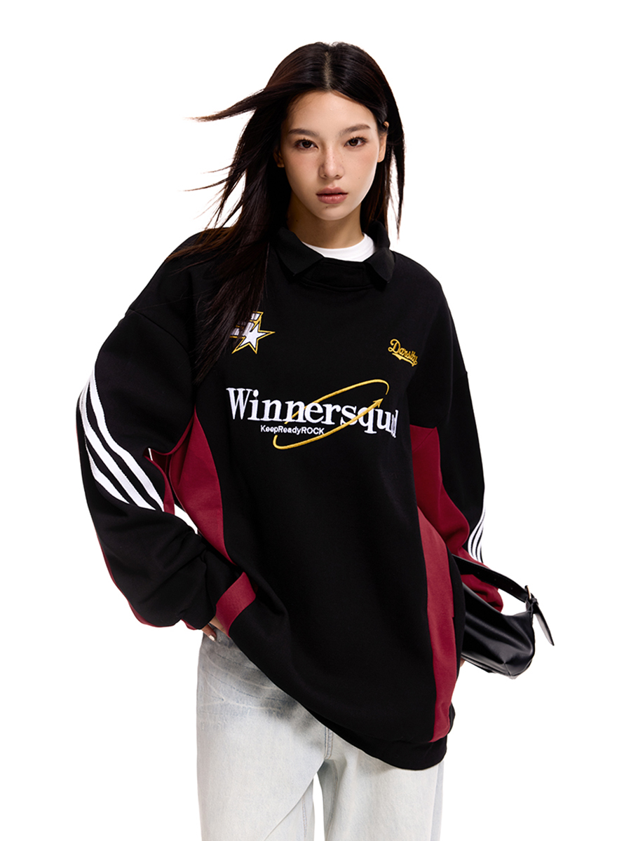 American Retro Color-Blocked Polo Collar Sweatshirt - Unisex Embroidered Sports Jersey Loose Fit Top