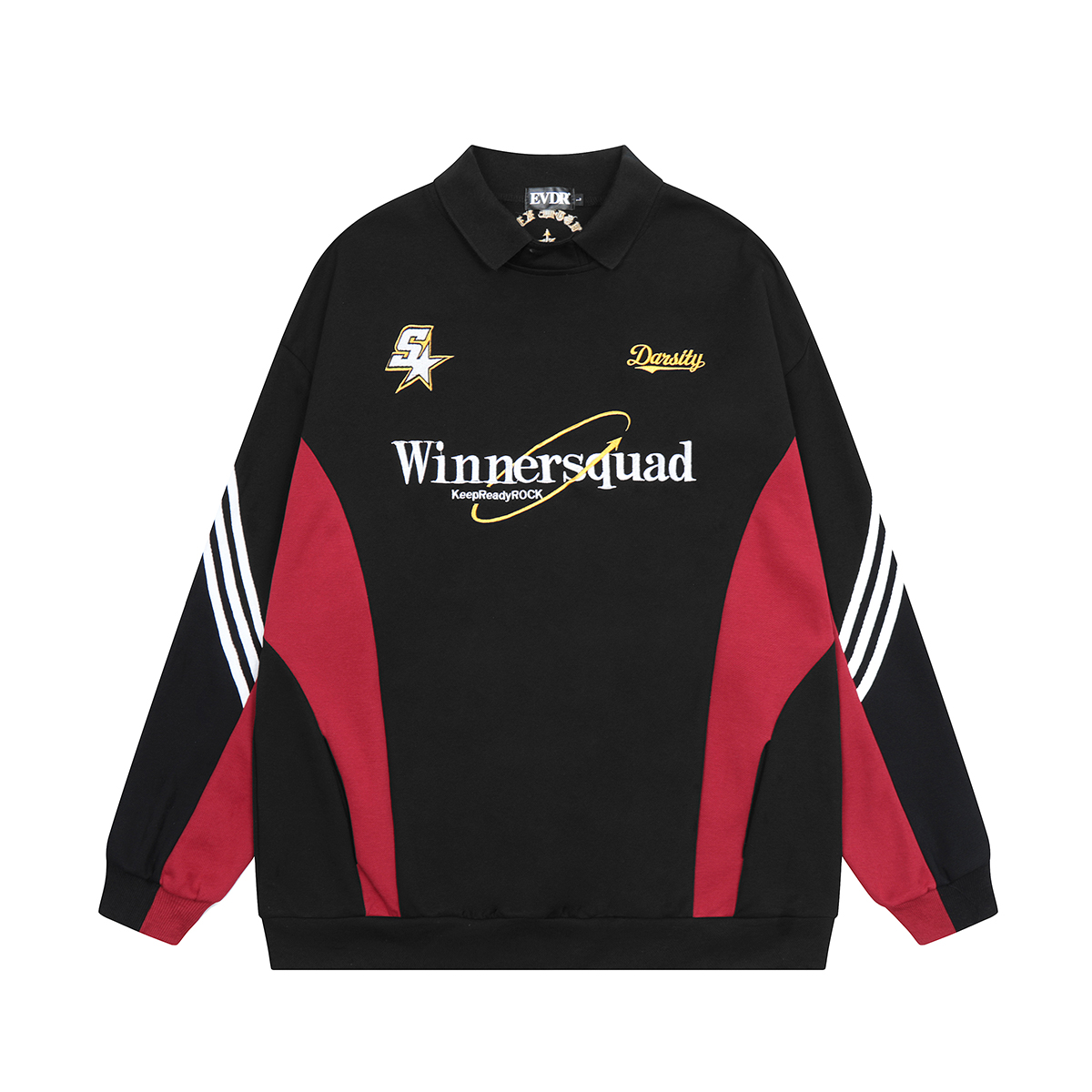 American Retro Color-Blocked Polo Collar Sweatshirt - Unisex Embroidered Sports Jersey Loose Fit Top