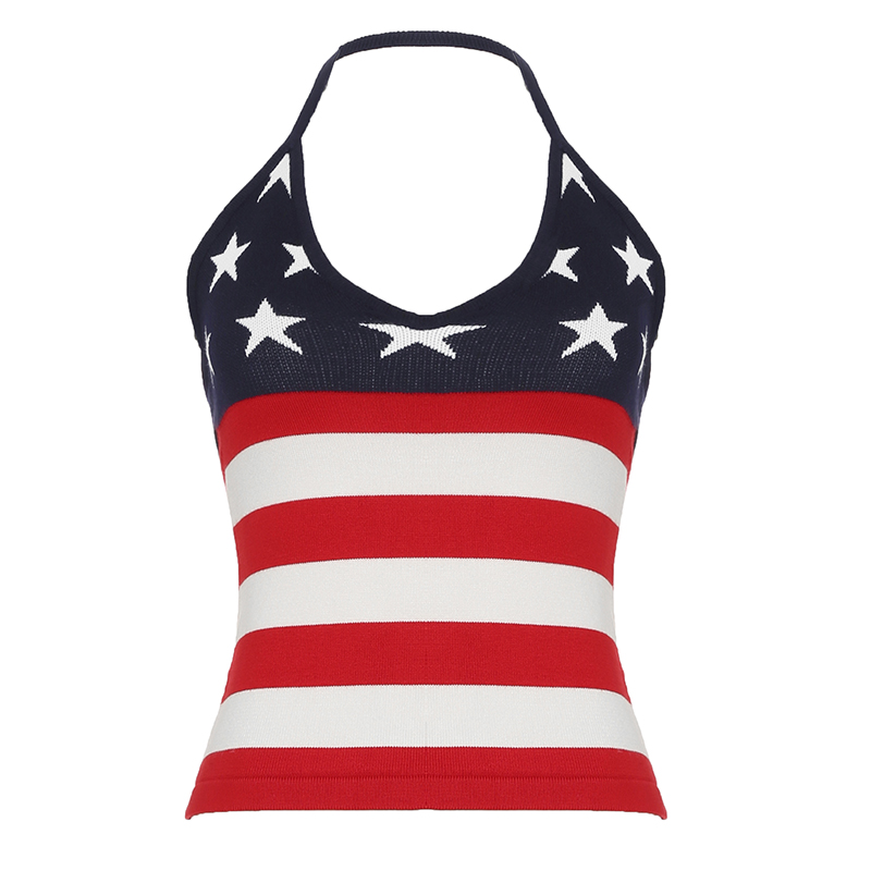 American Retro Color-Blocked Striped Knitted Vest for Women, Tie Neck & Straps, Niche Spicy Girl Style, 90s Fashion