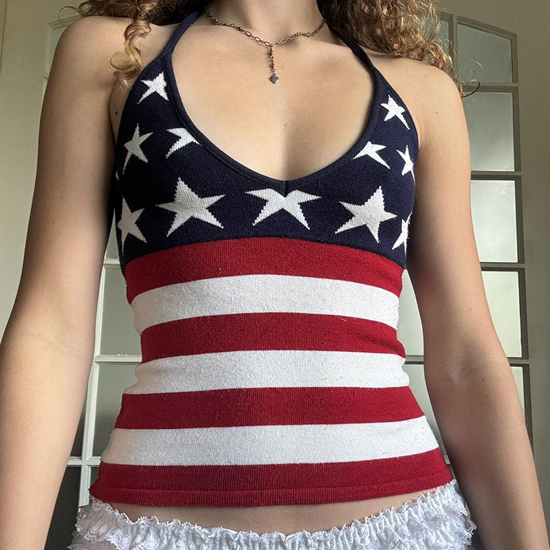 American Retro Color-Blocked Striped Knitted Vest for Women, Tie Neck & Straps, Niche Spicy Girl Style, 90s Fashion