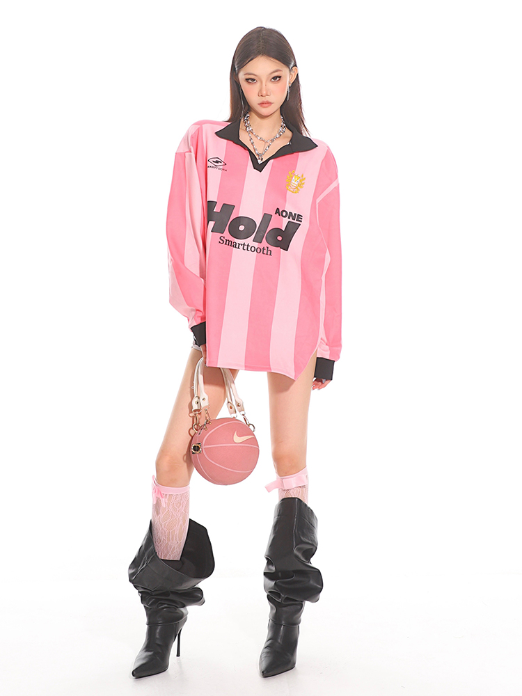 American Retro Color-Blocking Striped Loose Polo T-Shirt - Jersey Style for Early Autumn Couples American Retro Color-Blocking Striped Loose Polo T-Shirt - Jersey Style for Early Autumn Couples