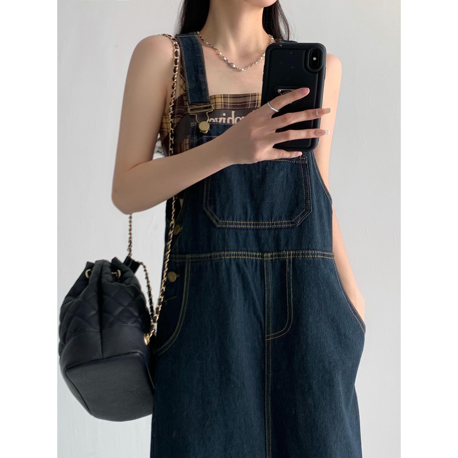 American Retro Denim Suspender Dress for Women - Loose Slimming Long Strap Design for Spring Autumn 2024, Perfect for Petite Sizes