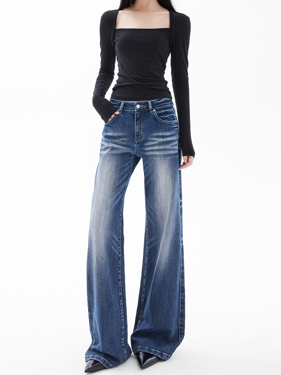 American Retro Flared Wide-Leg Jeans for Women - Washed Light Blue Loose Fit Slimming Floor-Length Pants