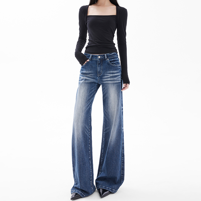 American Retro Flared Wide-Leg Jeans for Women - Washed Light Blue Loose Fit Slimming Floor-Length Pants