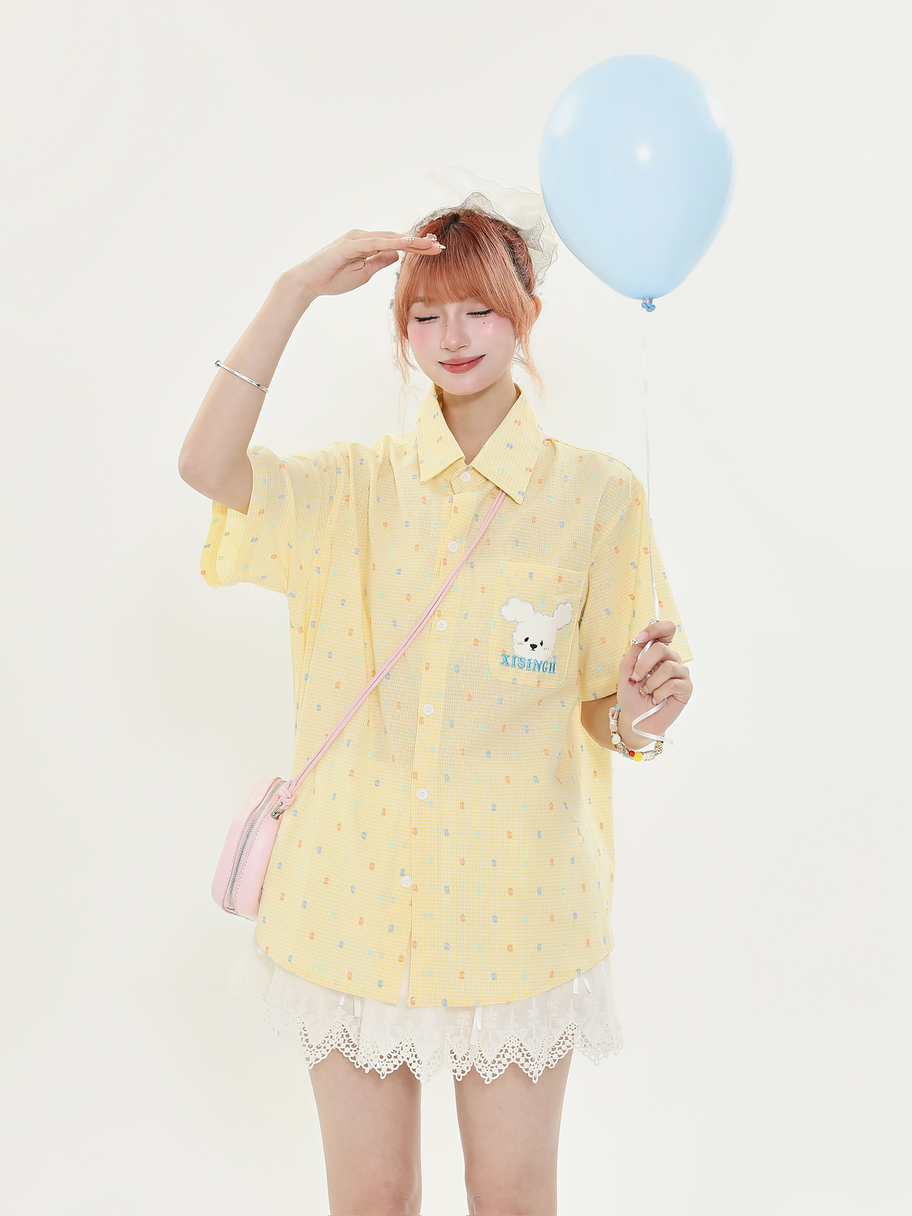 American Retro Fun Bear Embroidered Short Sleeve Shirt for Women in Milk Yellow Polka Dot College Style American Retro Fun Bear Embroidered Short Sleeve Shirt for Women in Milk Yellow Polka Dot College Style