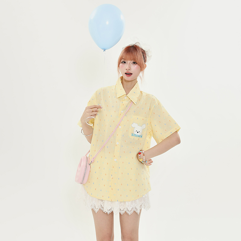 American Retro Fun Bear Embroidered Short Sleeve Shirt for Women in Milk Yellow Polka Dot College Style