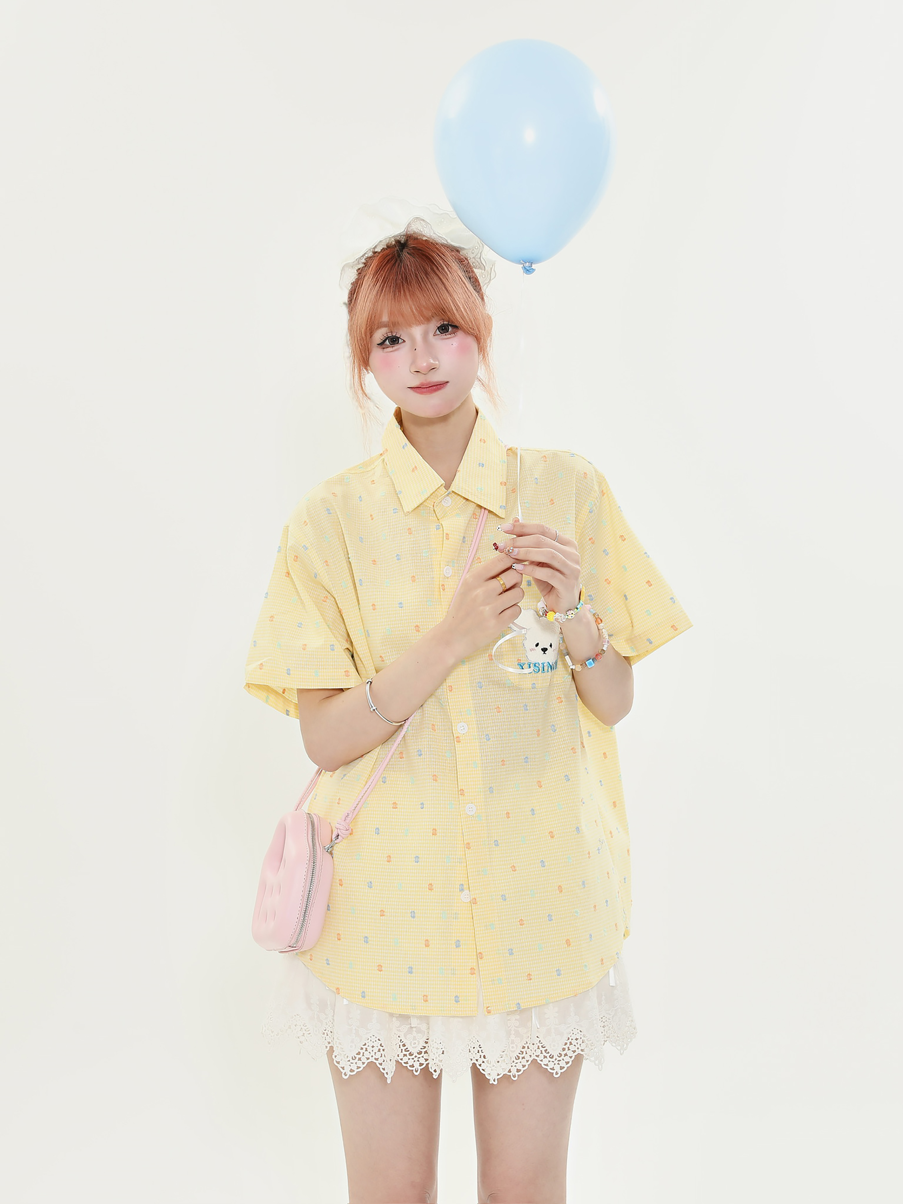 American Retro Fun Bear Embroidered Short Sleeve Shirt for Women in Milk Yellow Polka Dot College Style American Retro Fun Bear Embroidered Short Sleeve Shirt for Women in Milk Yellow Polka Dot College Style