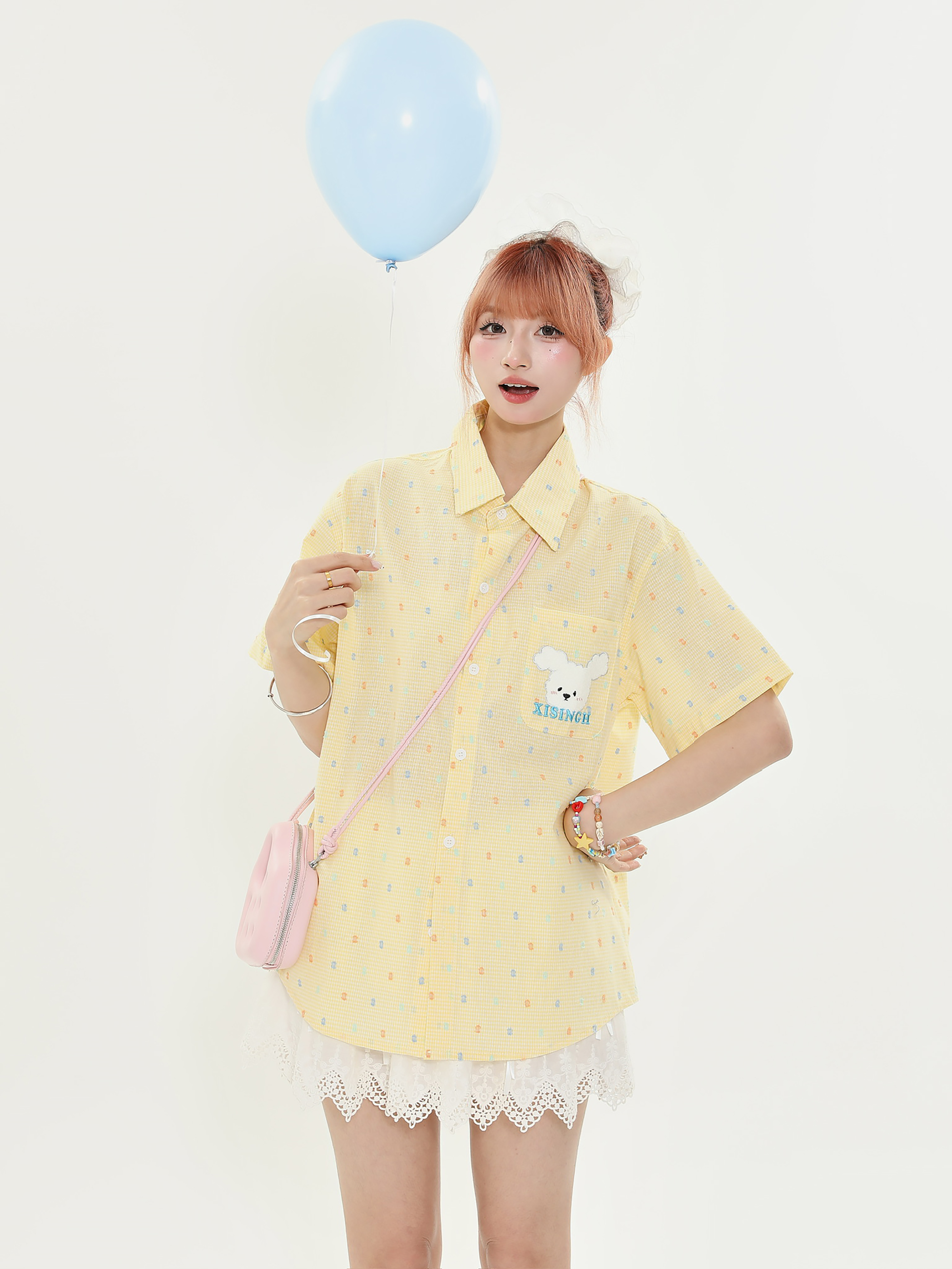 American Retro Fun Bear Embroidered Short Sleeve Shirt for Women in Milk Yellow Polka Dot College Style