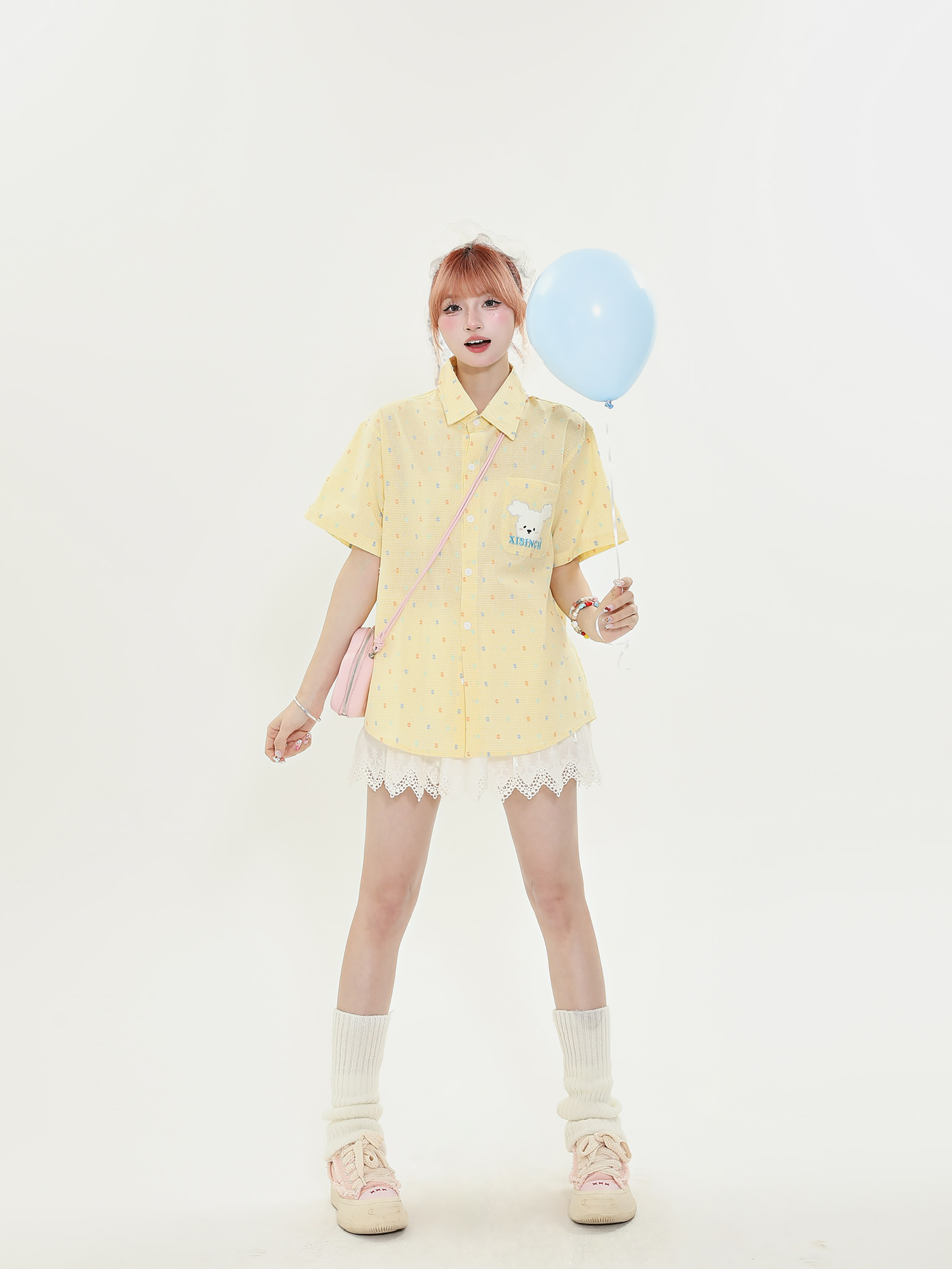 American Retro Fun Bear Embroidered Short Sleeve Shirt for Women in Milk Yellow Polka Dot College Style American Retro Fun Bear Embroidered Short Sleeve Shirt for Women in Milk Yellow Polka Dot College Style