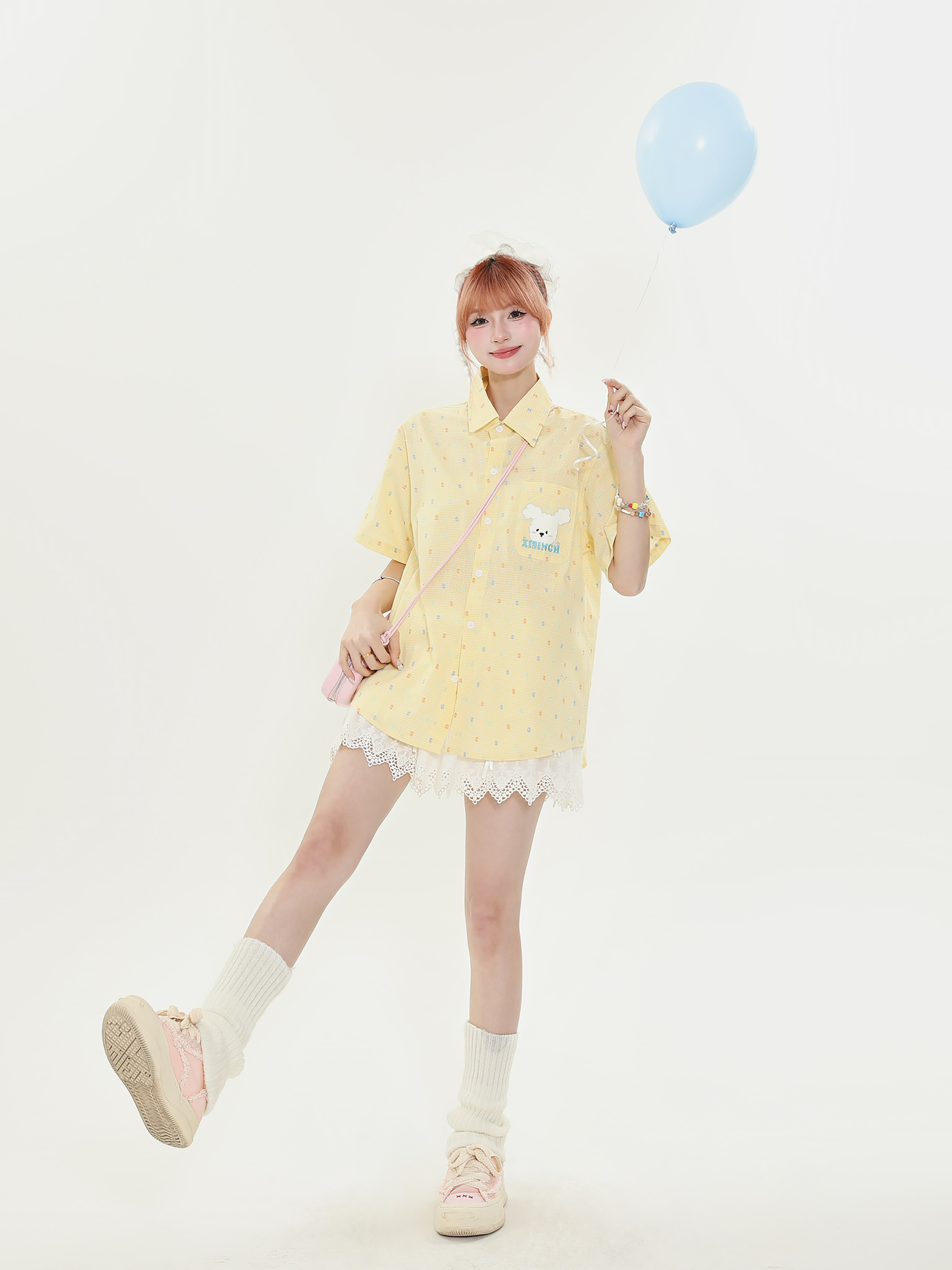 American Retro Fun Bear Embroidered Short Sleeve Shirt for Women in Milk Yellow Polka Dot College Style American Retro Fun Bear Embroidered Short Sleeve Shirt for Women in Milk Yellow Polka Dot College Style