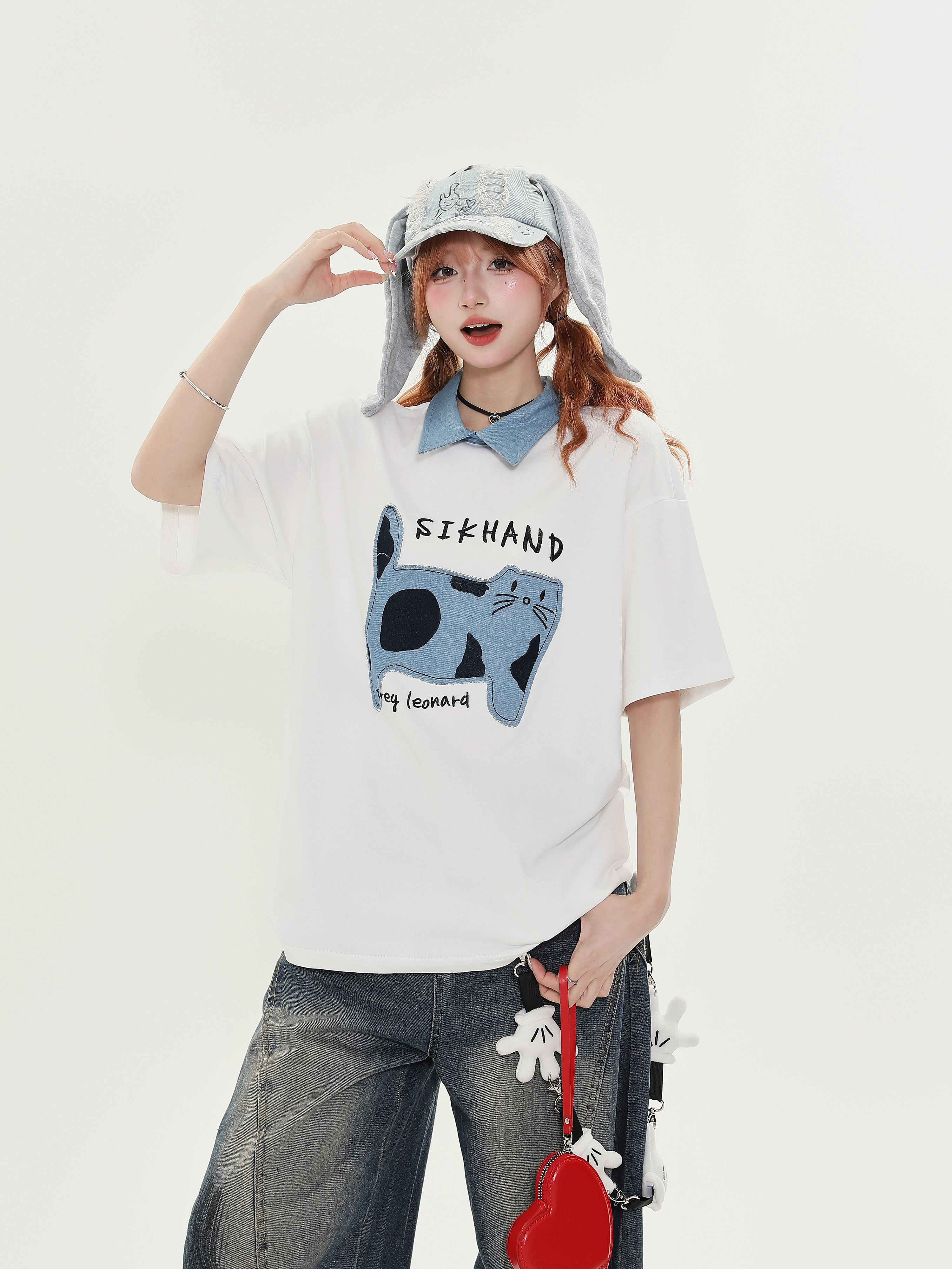 American Retro Fun Cat Embroidery Denim Collar Short Sleeve T-Shirt for Women - Loose Versatile Casual Top