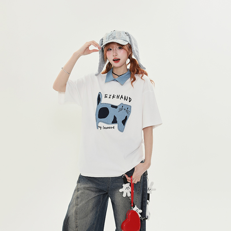 American Retro Fun Cat Embroidery Denim Collar Short Sleeve T-Shirt for Women - Loose Versatile Casual Top
